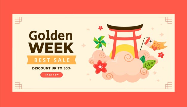 Flat horizontal sale banner template for golden week celebration