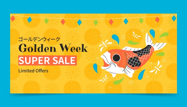 Vettore gratuito modello di banner di vendita orizzontale piatto per la celebrazione della settimana d'oro
