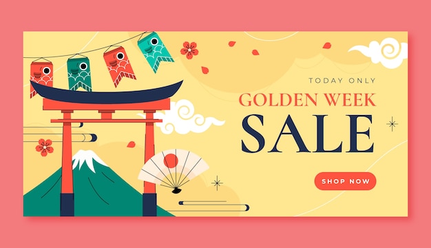 Vettore gratuito modello di banner di vendita orizzontale piatto per la celebrazione della settimana d'oro
