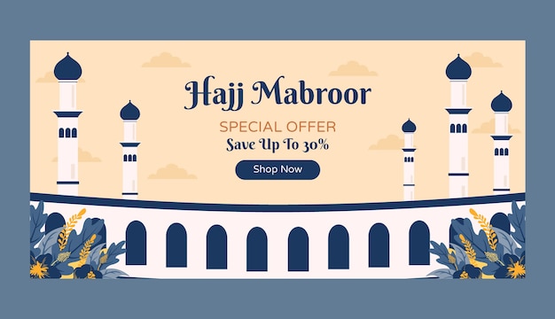 Free vector flat horizontal sale banner template for hajj pilgrimage