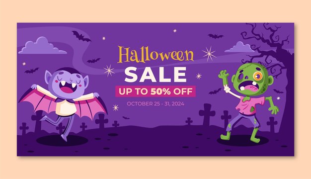 ハロウィーンの季節のお祝いのための平らな水平販売バナー テンプレート