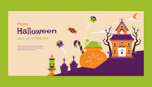 Плоский горизонтальный шаблон баннера продажи для празднования сезона хэллоуина