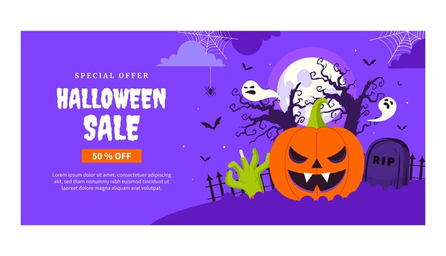 ハロウィーンの季節のお祝いのための平らな水平販売バナー テンプレート