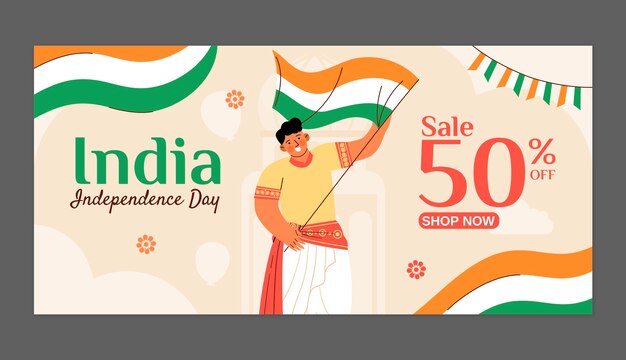 Плоский горизонтальный шаблон баннера продажи для празднования дня независимости индии