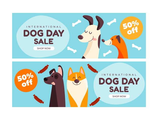 国際犬の日のお祝いのための平らな水平販売バナー テンプレート