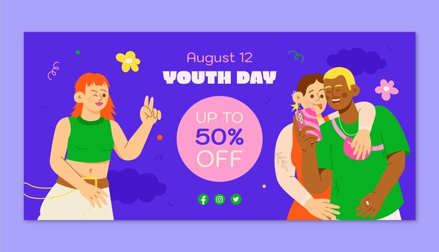 Flat horizontal sale banner template for international youth day celebration