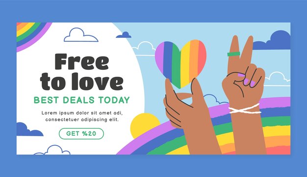 Free vector flat horizontal sale banner template for lgbtqi pride month celebration