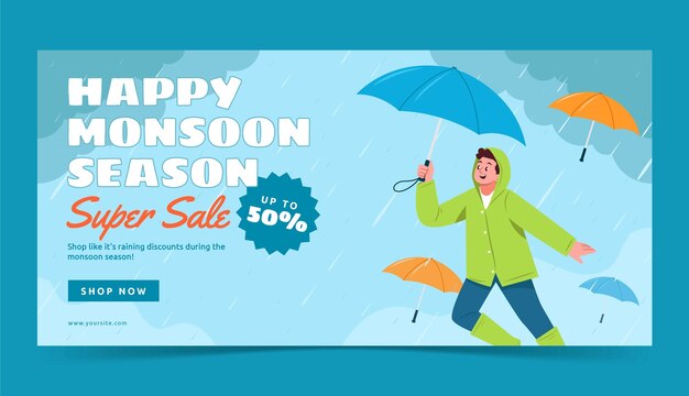 Flat horizontal sale banner template for monsoon season