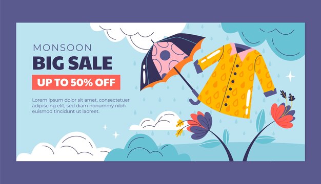 Flat horizontal sale banner template for monsoon season