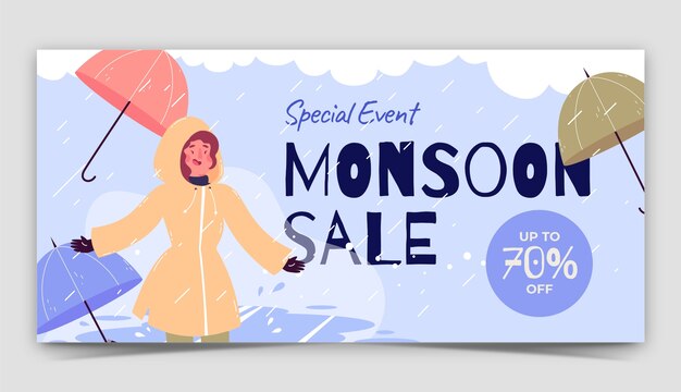 Free vector flat horizontal sale banner template for monsoon season