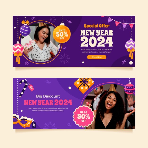 Flat horizontal sale banner template for new year 2024 celebration