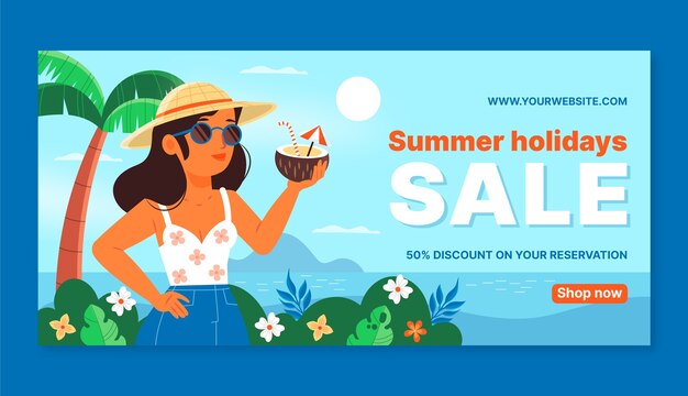 Flat horizontal sale banner template for summertime