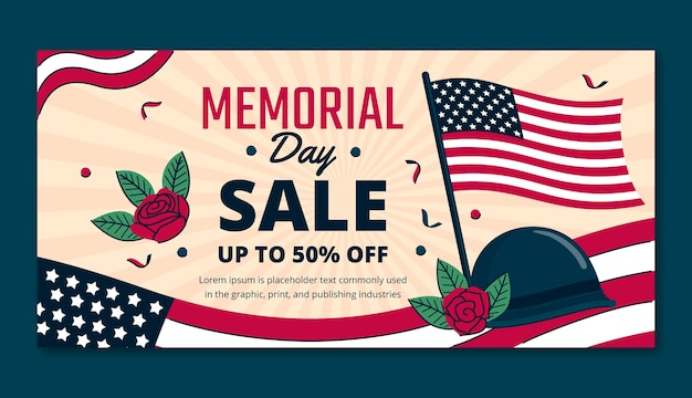 Free vector flat horizontal sale banner template for usa memorial day holiday