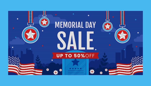 Flat horizontal sale banner template for usa memorial day holiday