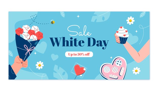 Flat horizontal sale banner template for white day celebration