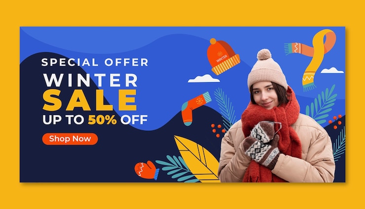 मुफ़्त वेक्टर flat horizontal sale banner template for winter season celebration