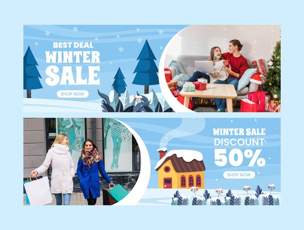 Шаблон плоского горизонтального баннера продажи для празднования зимнего сезона