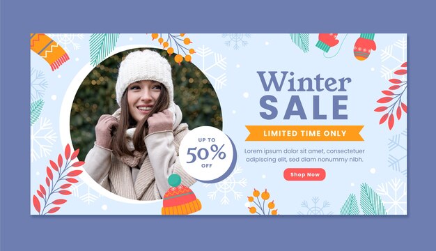 Flat horizontal sale banner template for winter season