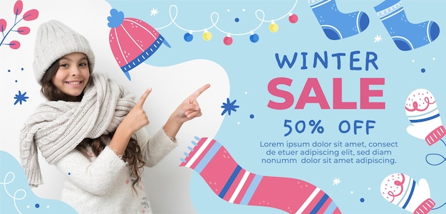 Flat horizontal sale banner template for winter season