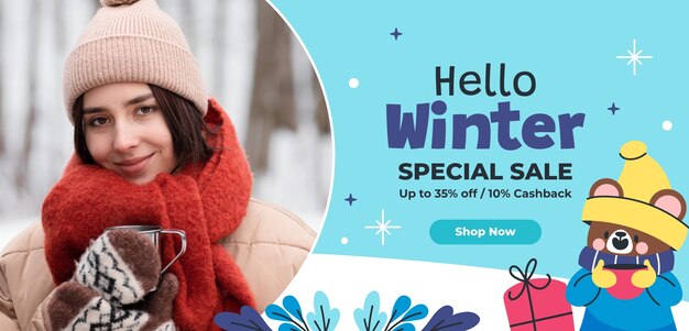 Flat horizontal sale banner template for wintertime season