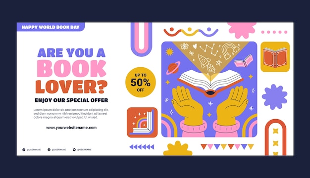 Free vector flat horizontal sale banner template for world book day celebration