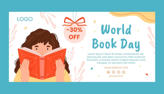 세계 책의 날 축하를 위한 평면 수평 판매 배너 템플릿