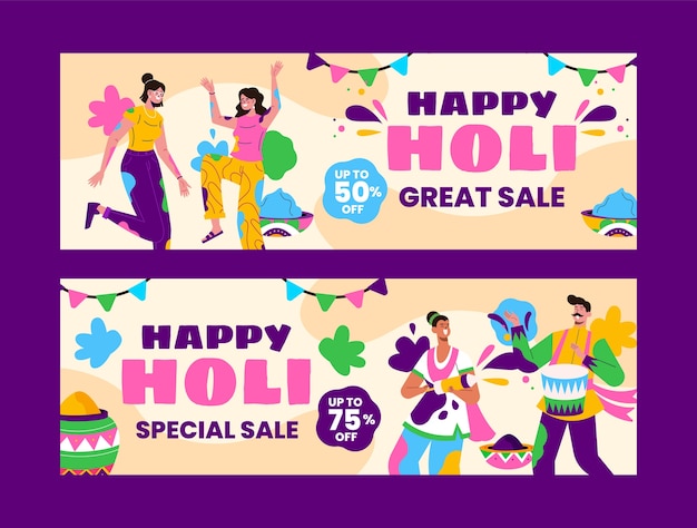 Flat horizontal sale banners set for holi festival celebration