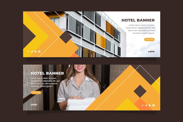 Vettore gratuito modello di banner hotel piatto con foto