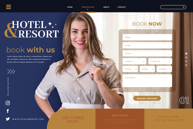 Free vector flat hotel landing page template with photo
