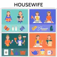 Free vector flat housewife life square concept with cleaning shopping washing cooking ironing works mother