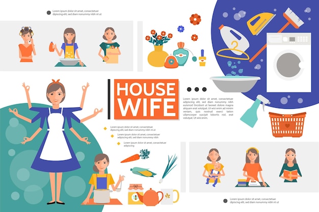 Free vector flat housewife life with woman doing different houseworks mother with baby iron washing machine