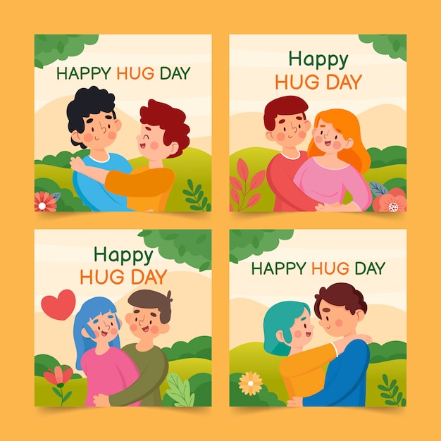 Free vector flat hug day instagram posts collection