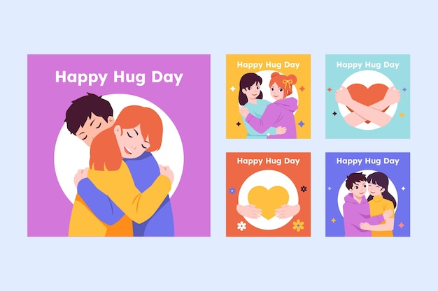 Free vector flat hug day instagram posts collection