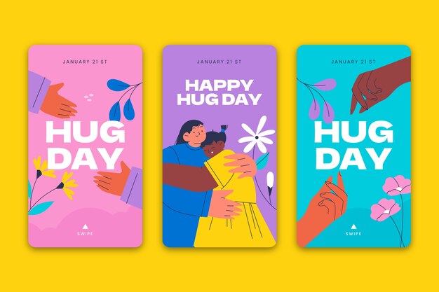 Free vector flat hug day instagram stories collection