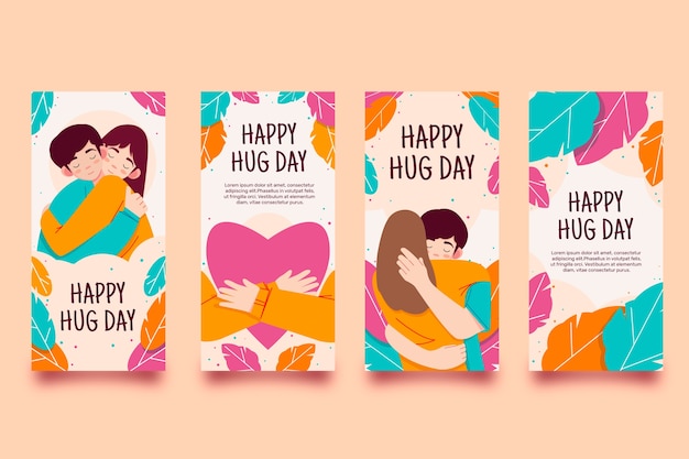 Free vector flat hug day instagram stories collection