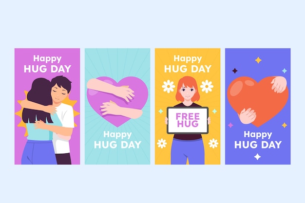 Бесплатное векторное изображение Коллекция историй flat hug day в инстаграме