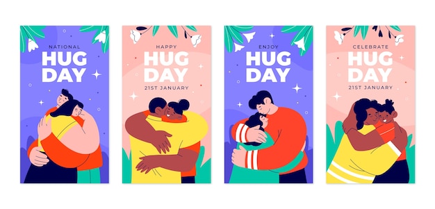 Free vector flat hug day instagram stories collection