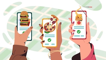 Flat human hands hold smartphone with mobile app for ordering fast food at home or take away. online service for order asian and italian meals. pizza, burger and wok box with noodles delivery.