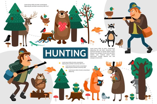 Flat hunting infographic with hunters wild animals and birds in forest illustration