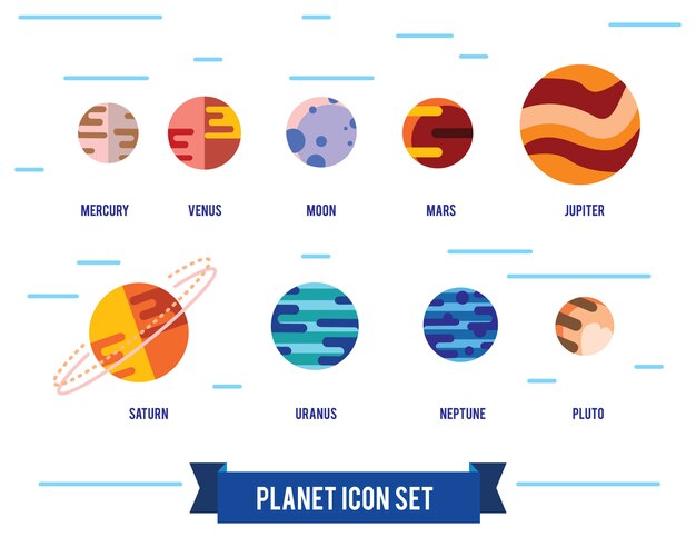 Free Vector flat icon set of solar system planets, sun and moon on dark space background. 