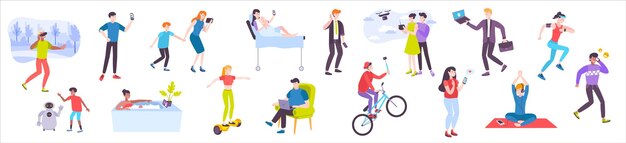 Flat icon set with people using laptop segway headphones drone tablet playing with robot on white background vector illustration