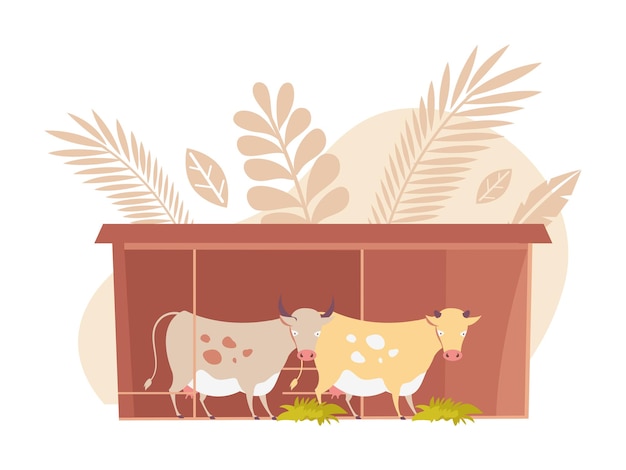 Free vector flat icon with two milk cows on farm on background with wheat ears vector illustration