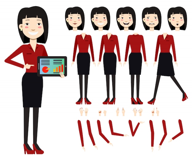 Flat icons set of business woman with charts on tablet screen