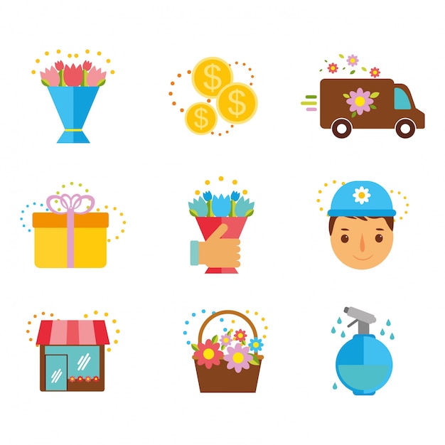 Flat icons set flower delivery