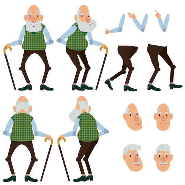 Flat icons set of old man with stick