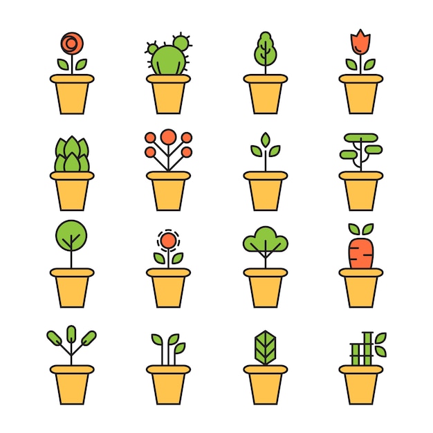 Flat icons set of pot plants garden flowers and herbs