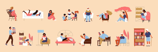 Flat icons set with people of different age reading books at home library outdoors isolated on color background vector illustration