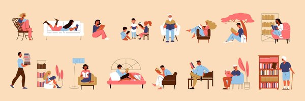 Flat icons set with people of different age reading books at home library outdoors isolated on color background vector illustration