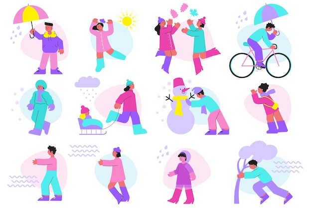 Free vector flat icons set with people spending time outdoors in different weather isolated vector illustration