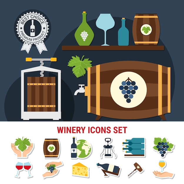 Vettore gratuito icone piane con bottiglie di vino bicchieri altri utensili uva e formaggio isolato